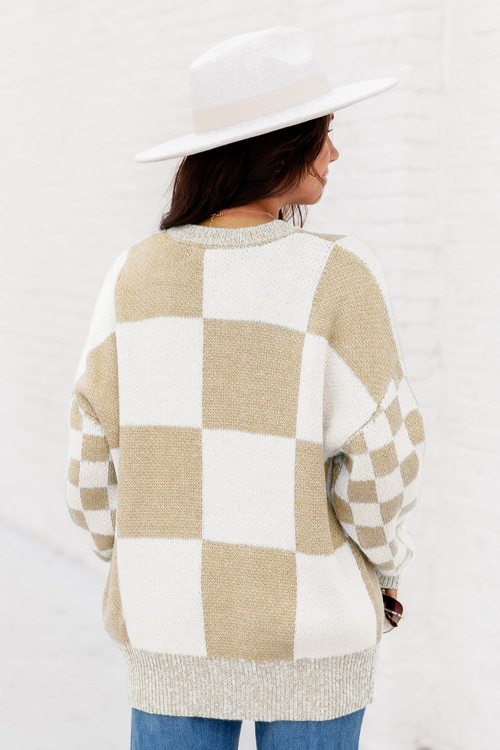 Flaxen Plaid Knitted Drop Shoulder Sweater f53d3326a8806845