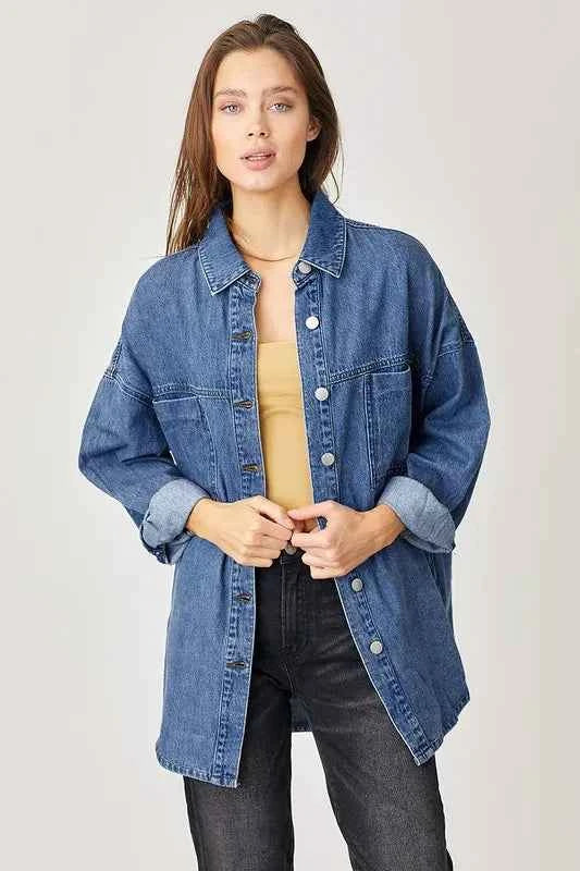 RISEN Button Up Drop Shoulder Denim Shacket f545824b-a070-4613-8d46-0f54584b4804-Max
