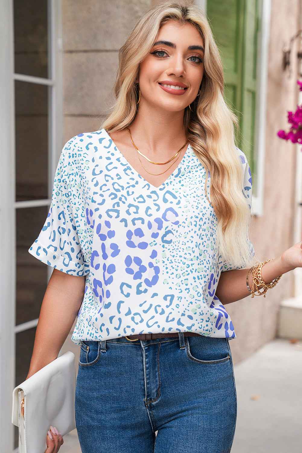 Pink Leopard Print V Neck Short Sleeve Blouse f546199b74e94d99