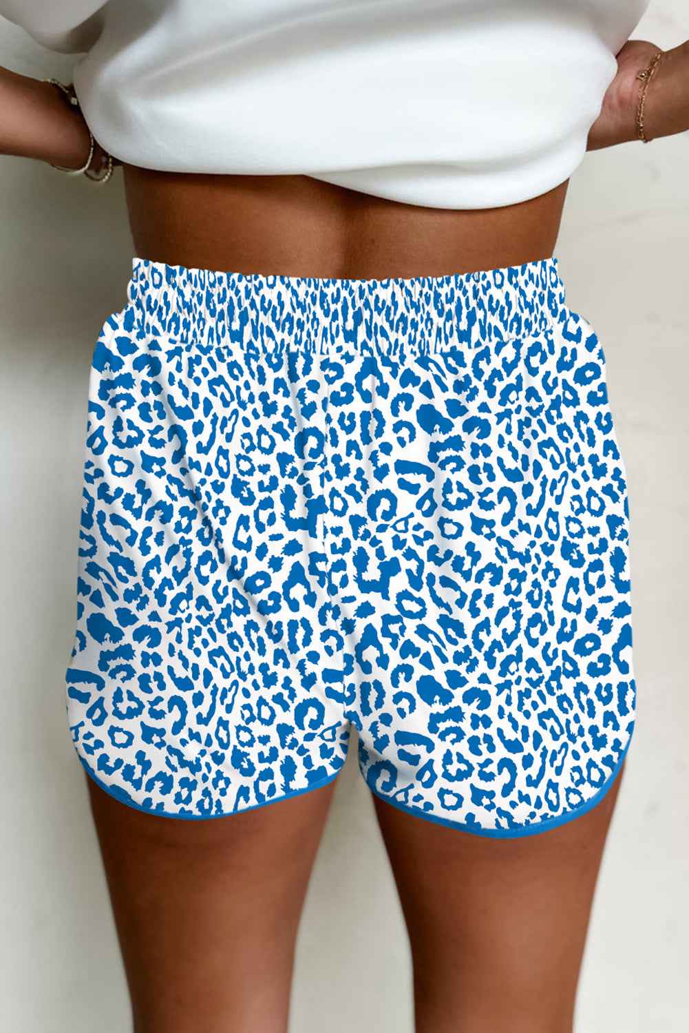 Blue Leopard Elastic Waist Lace up Contrast Trim Casual Shorts f5466f20cab324f6