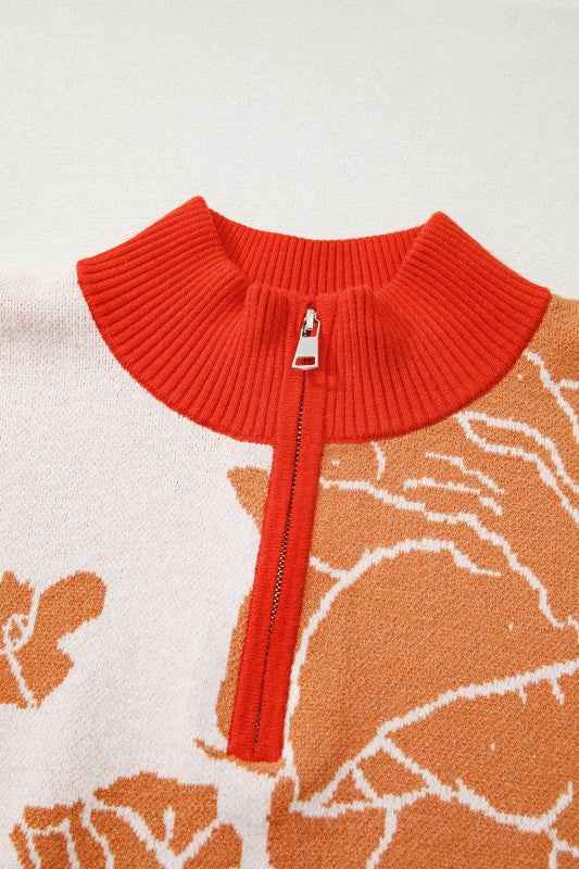 Floral Half Zip Collared Pullover Sweater f5491094-0a7d-4209-8bbb-baeedd254029