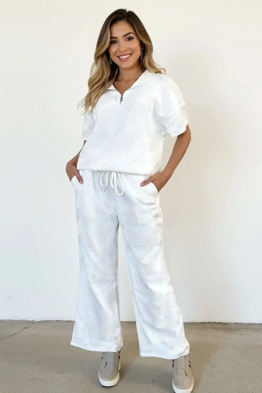Double Take Full Size Texture Half Zip Short Sleeve Top and Pants Set White f55640dc-0878-484e-a0b8-ead66a0c4392-Max