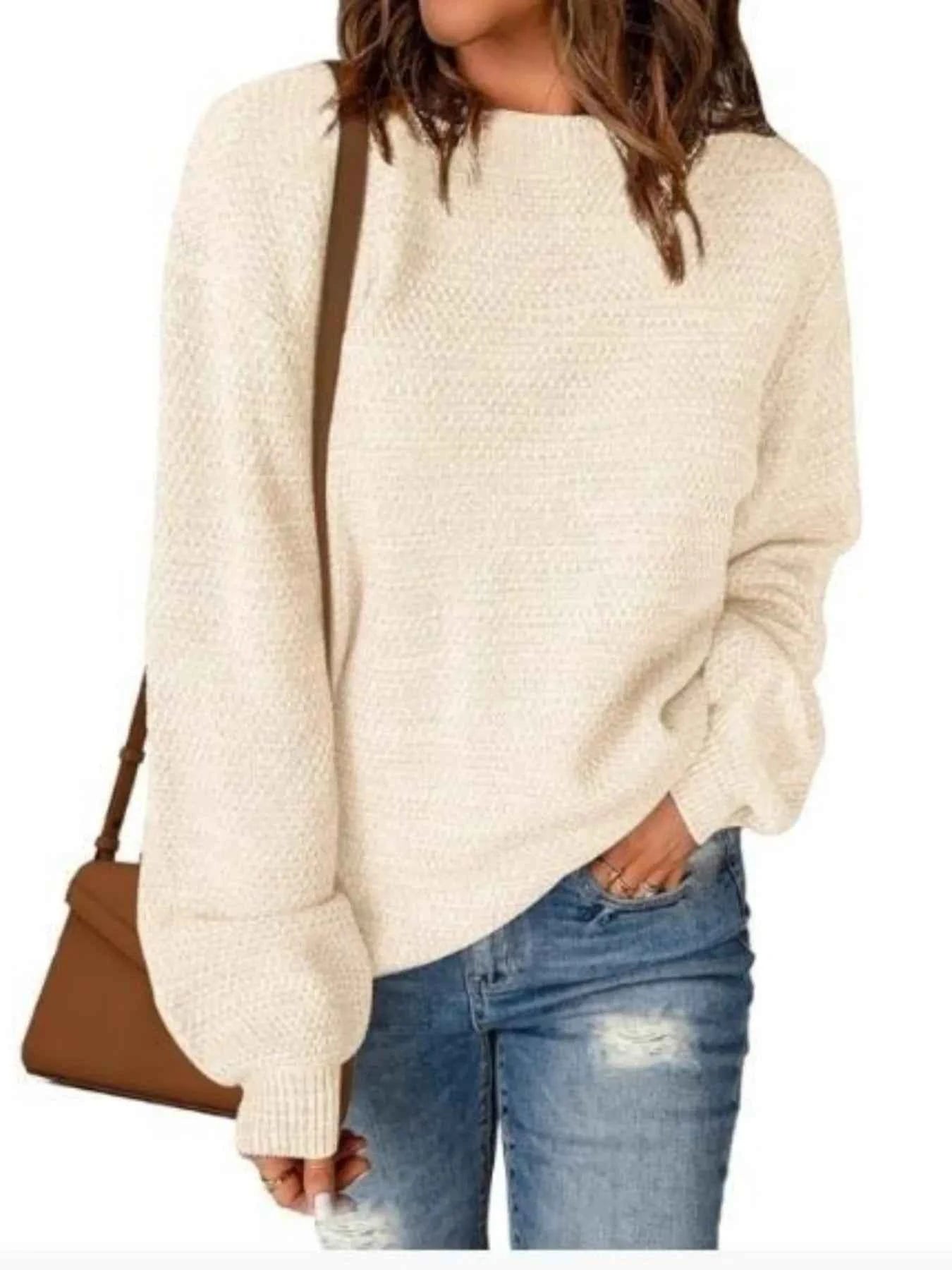 Round Neck Long Sleeve Sweater Cream White f55f860bdd804cbda5f6033b6cee1020-Max-Origin