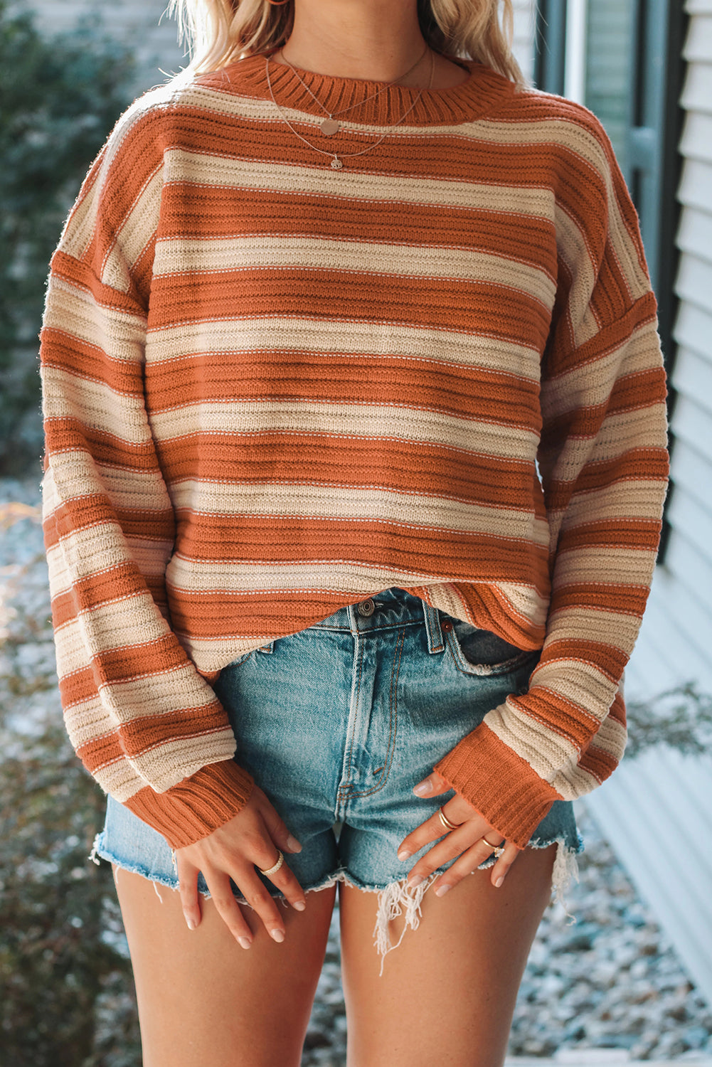 Orange Striped Ribbed Trim Drop Shoulder Sweater f56ac99169d0f636