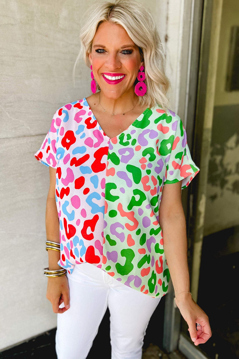 Green Leopard Print Patchwork V Neck Short Sleeve Blouse f56ee1d3134eeeb8