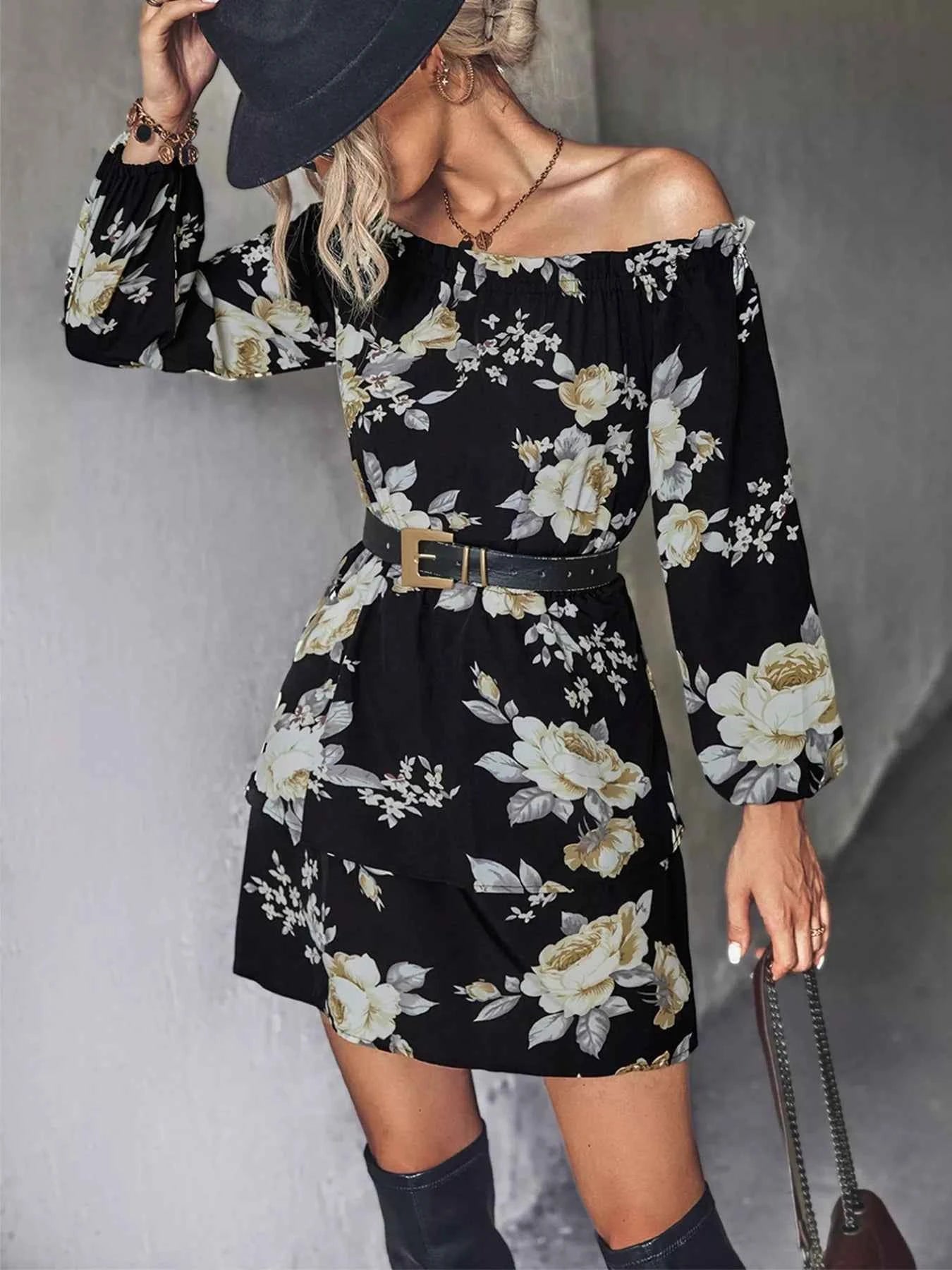 Off-Shoulder Floral Print Long Sleeve Mini Dress Black f575914f-eccb-482d-b2da-805cf93e0ef2-Max-Origin