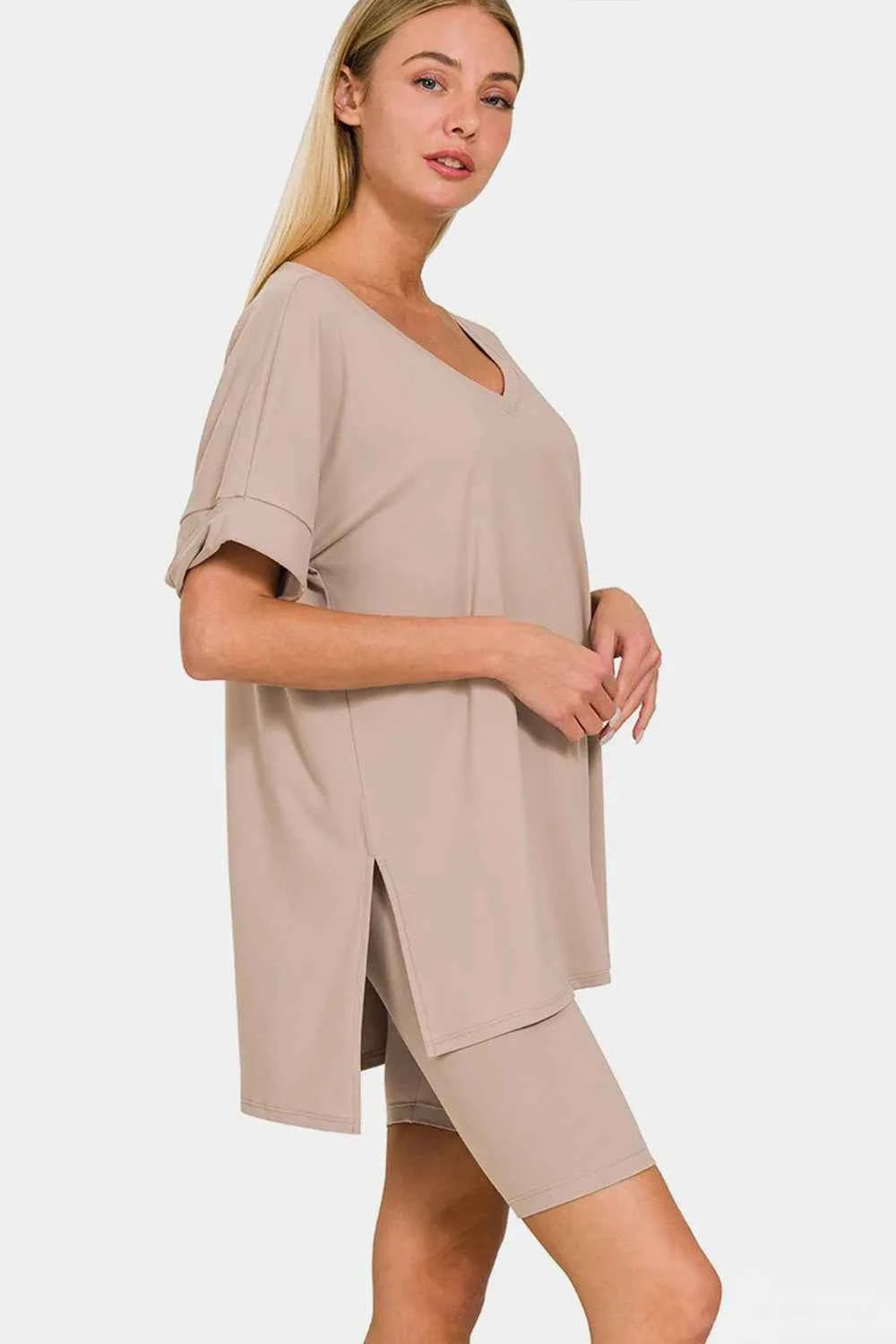 Zenana Full Size V-Neck Short Sleeve Slit T-Shirt and Shorts Set Ash Mocha f57a0496-7423-4298-9115-0f38c2b90df9-Max