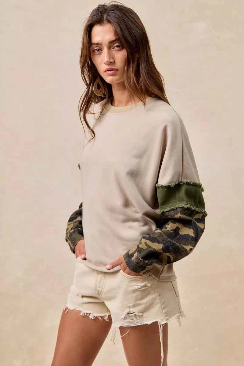 BiBi Camo Sleeve French Terry Top with Frayed Edge f58d9cbe63874e778f30504270ba8086-Max-Origin