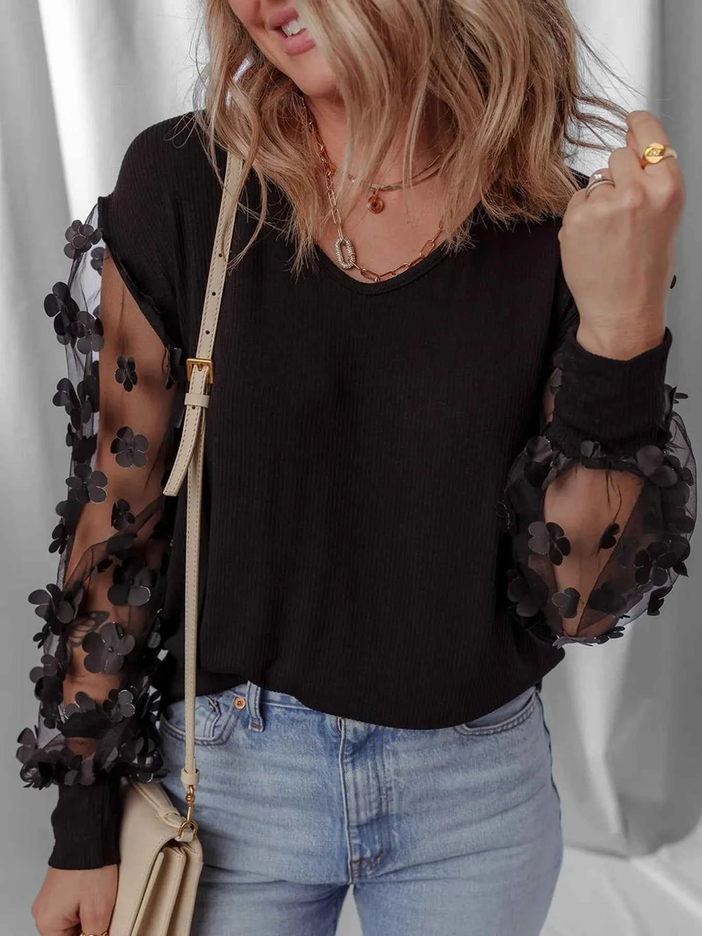 Flower Sheer Sleeve V-Neck Blouse f58fbad5-1533-435b-af27-9b9473f2353e-Max-Origin