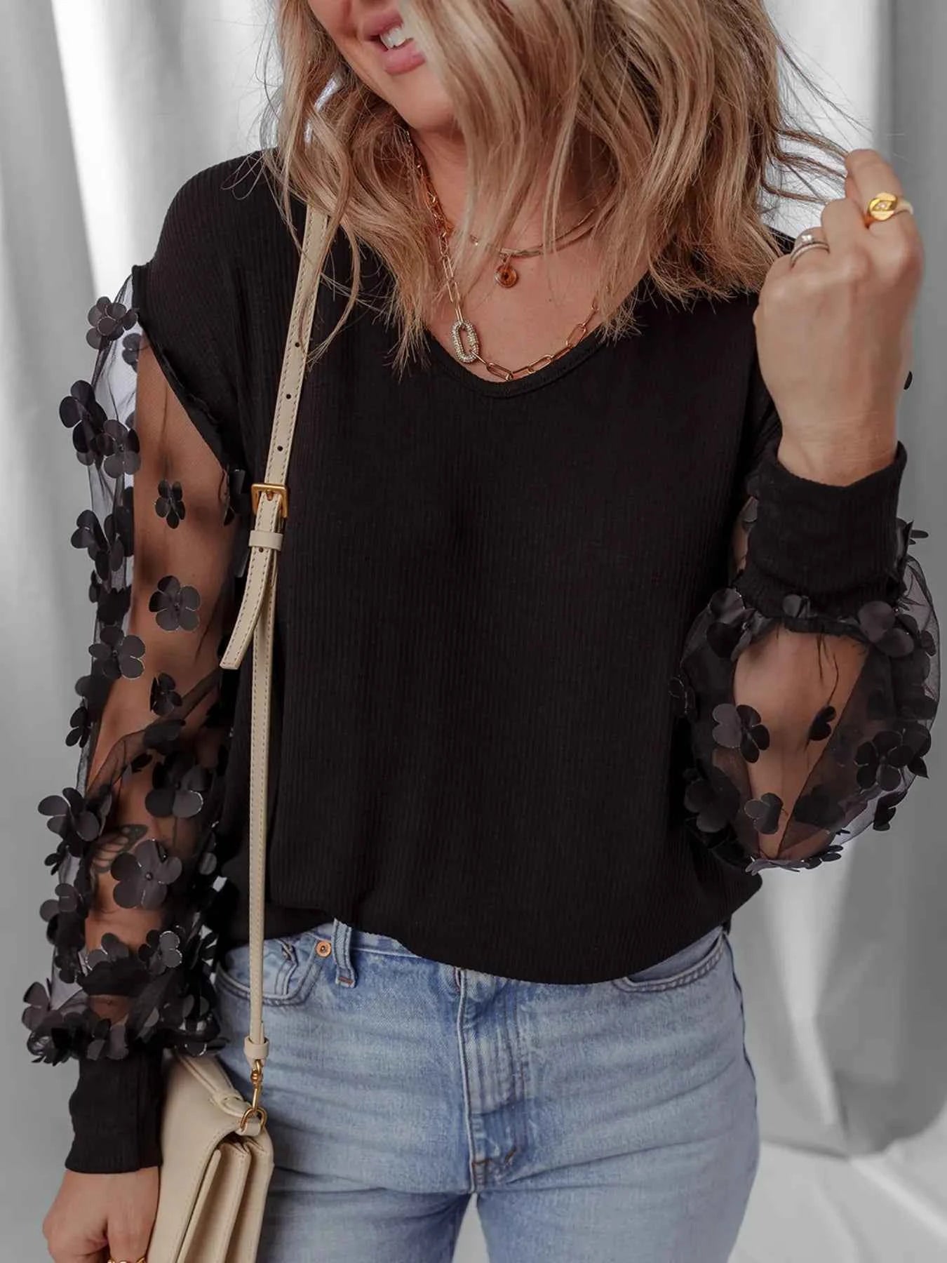 Flower Sheer Sleeve V-Neck Blouse f58fbad5-1533-435b-af27-9b9473f2353e-Max-Origin