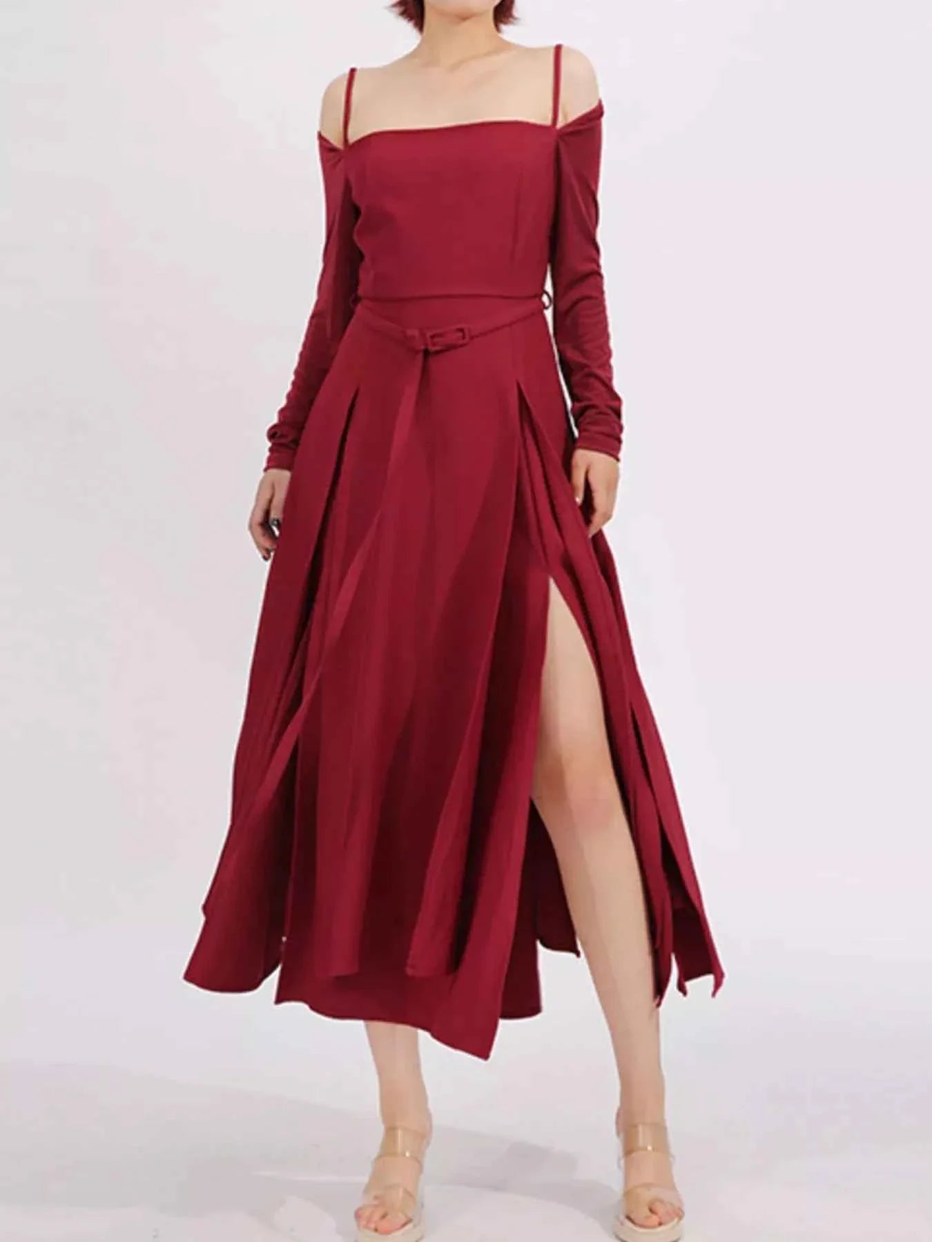 Slit Spaghetti Strap Long Sleeve Dress Burgundy f5b43f1a-df52-4a58-b7fc-d085fecd003e-Max-Origin