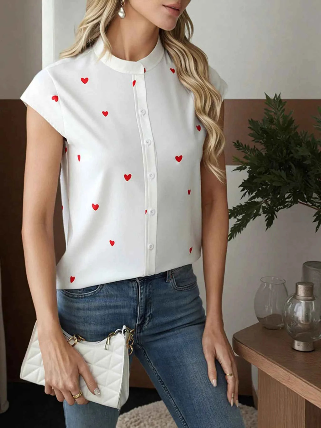 Heart Print Cap Sleeve Button-Up Shirt f5b8cfad57da43af99eb782ce5c7fd7e-Max-Origin