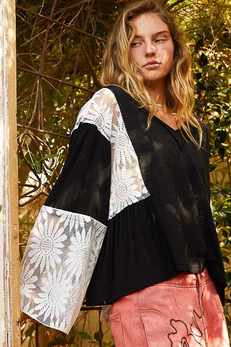 POL Lace Detail V-Neck Flare Sleeve Blouse f5c069ff-7a73-4b9b-bc23-6b9831f3f8a0-Max