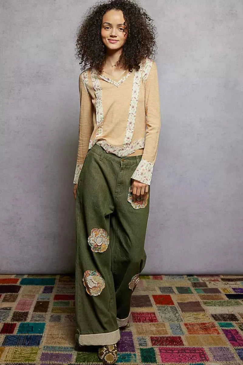 POL Floral Patch V-Neck Long Sleeve Ribbed Top f5c0da95-e1f1-4e5e-8d46-1f70ef69d747-Max-Origin