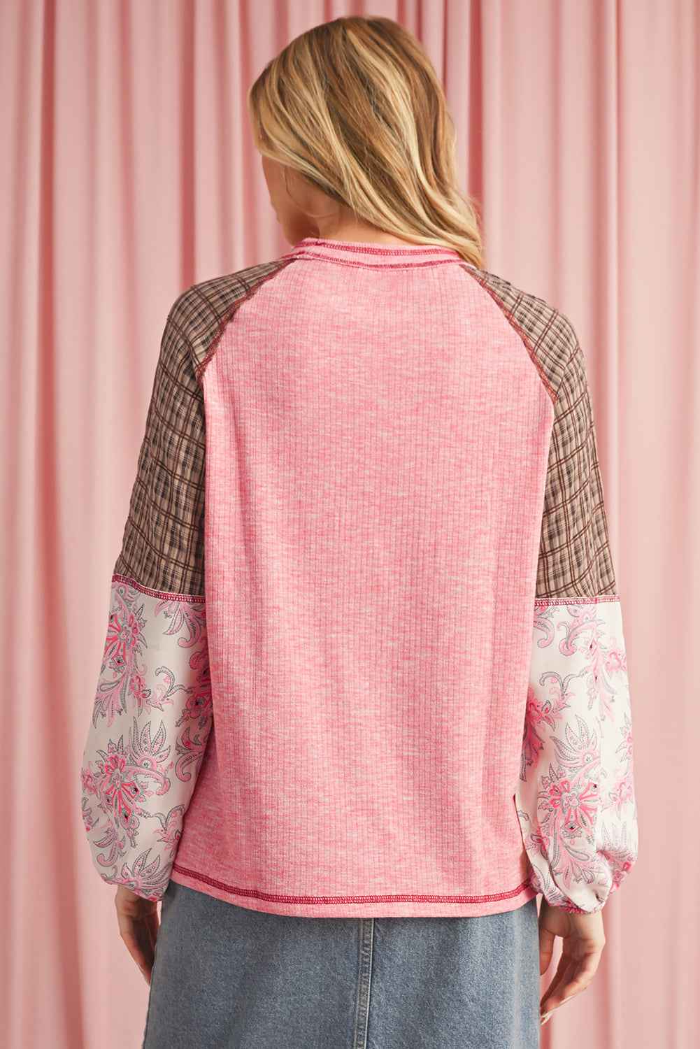 Jet Stream Floral Plaid Mixed Print Patchwork Raglan Ribbed Top f5cb28245965dd4e