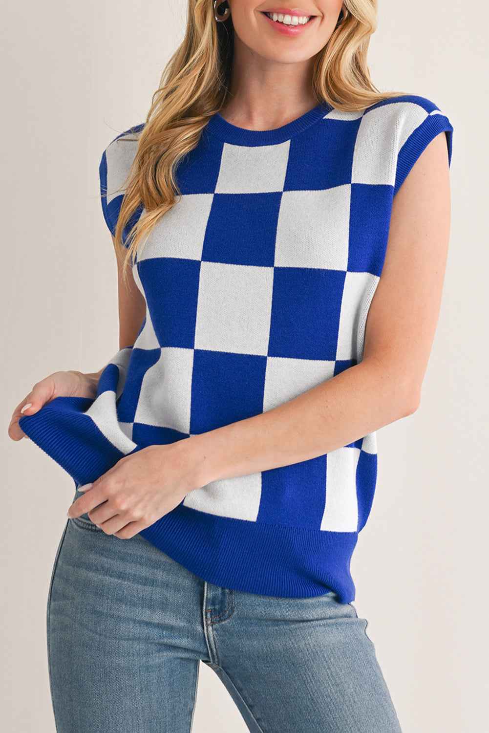 Dark Blue Checkered Knit Top f5d1fb4bb880331f