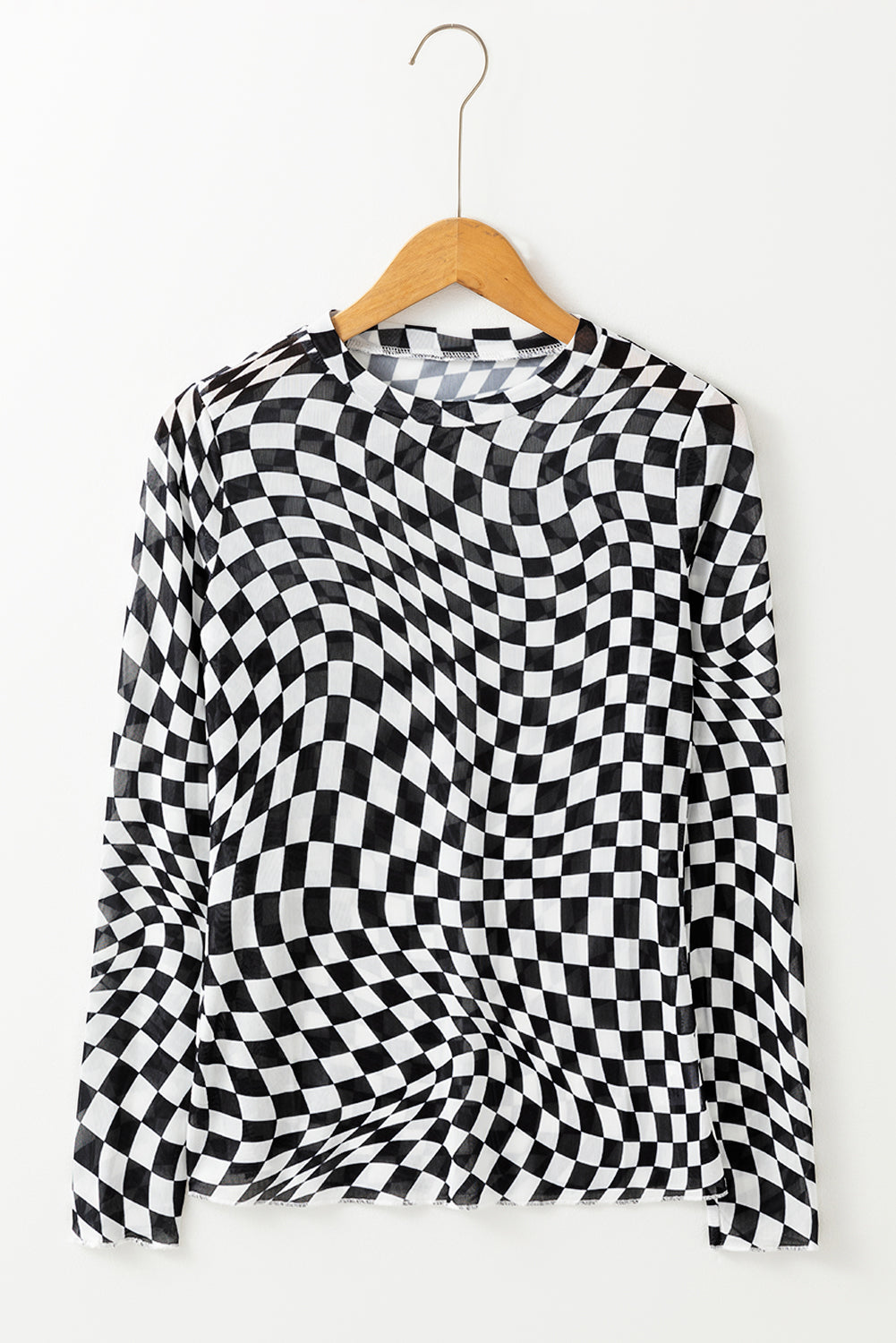 Black Checkered Pattern Mesh Long Sleeve Top f5e7dde02483847e