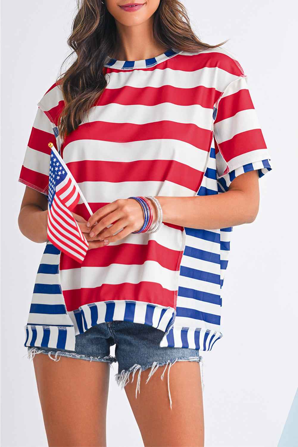 Red Stripe Loose Casual Color Block T Shirt Red Stripe f5f4e377ae26f4b1