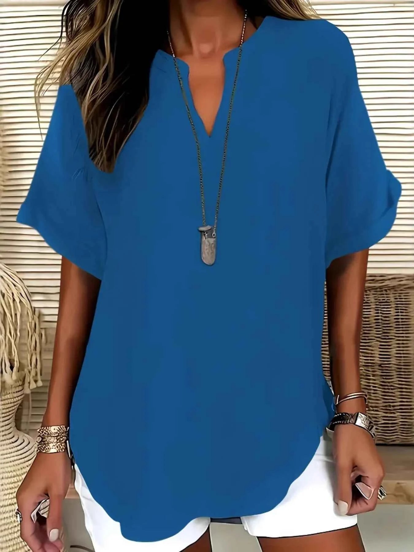 Casual Notched Short Sleeve Blouse Blue f601e53c5c324544b50a805946d02dae-Max-Origin
