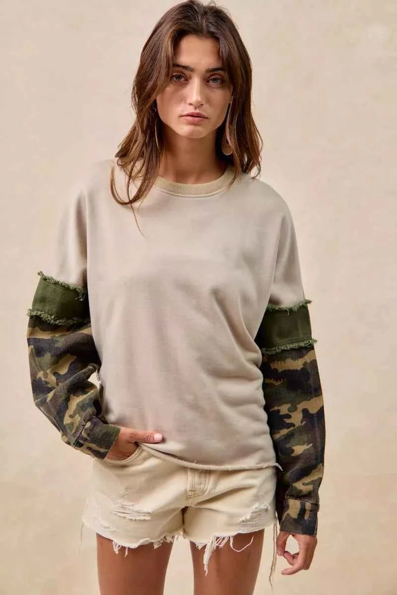 BiBi Camo Sleeve French Terry Top with Frayed Edge f6118801dce94d4fb79f53eb6e4e2478-Max-Origin