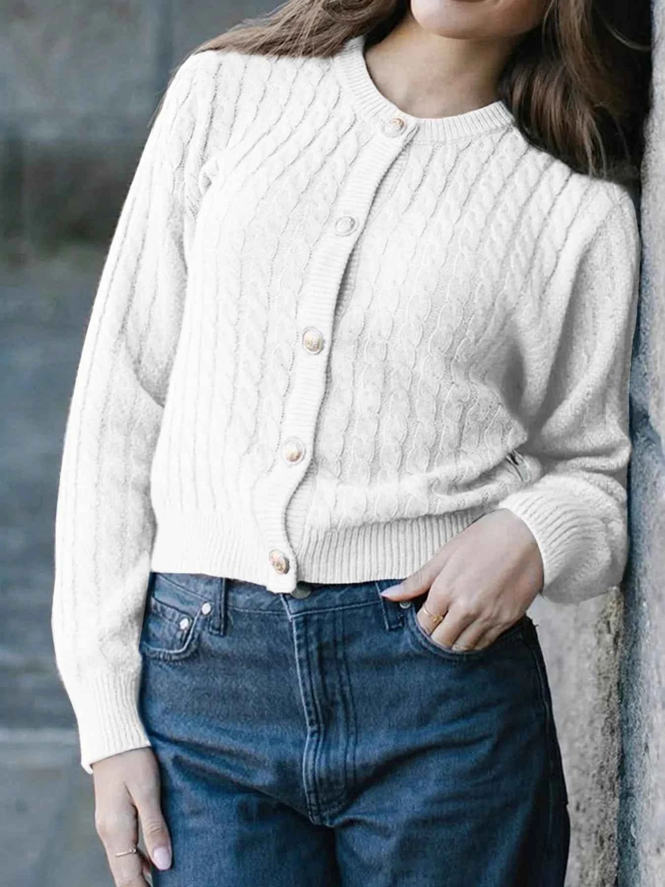 Cable Knit Button-Up Cardigan White f61b41c0cd5c4a518f3dbf0c857d71e5-Max-Origin