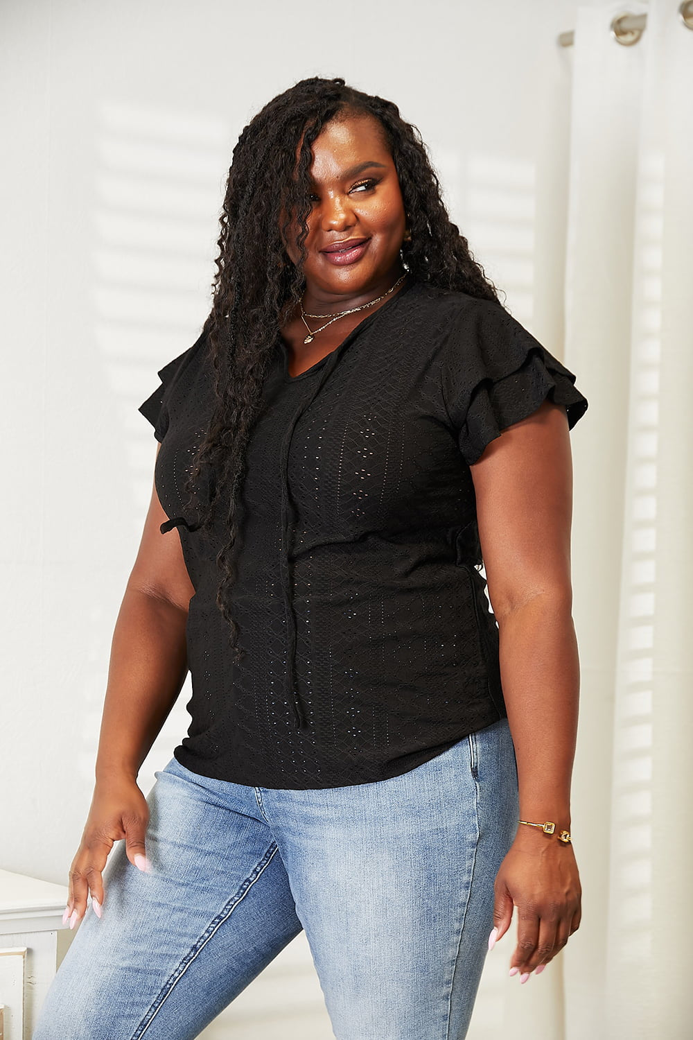 Mandy Eyelet Tie-Neck Flutter Sleeve Blouse f62f33ae398843d48f5d6f533ef32e02-Max