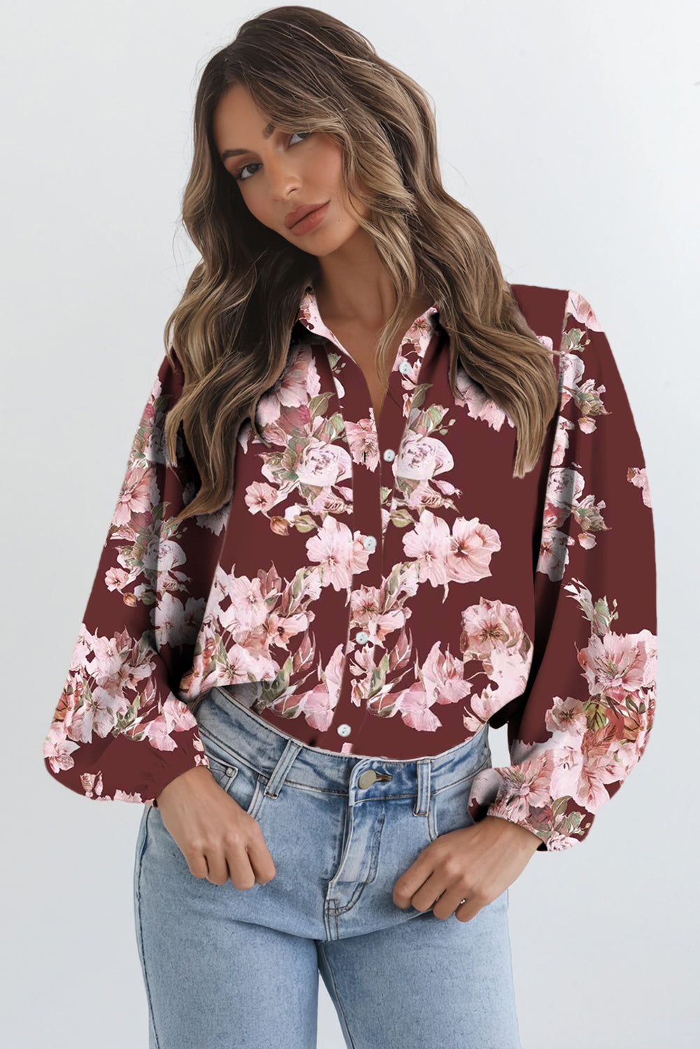 Brown Floral Puff Sleeve Lightweight Shirt f6314a0b95eb17b9