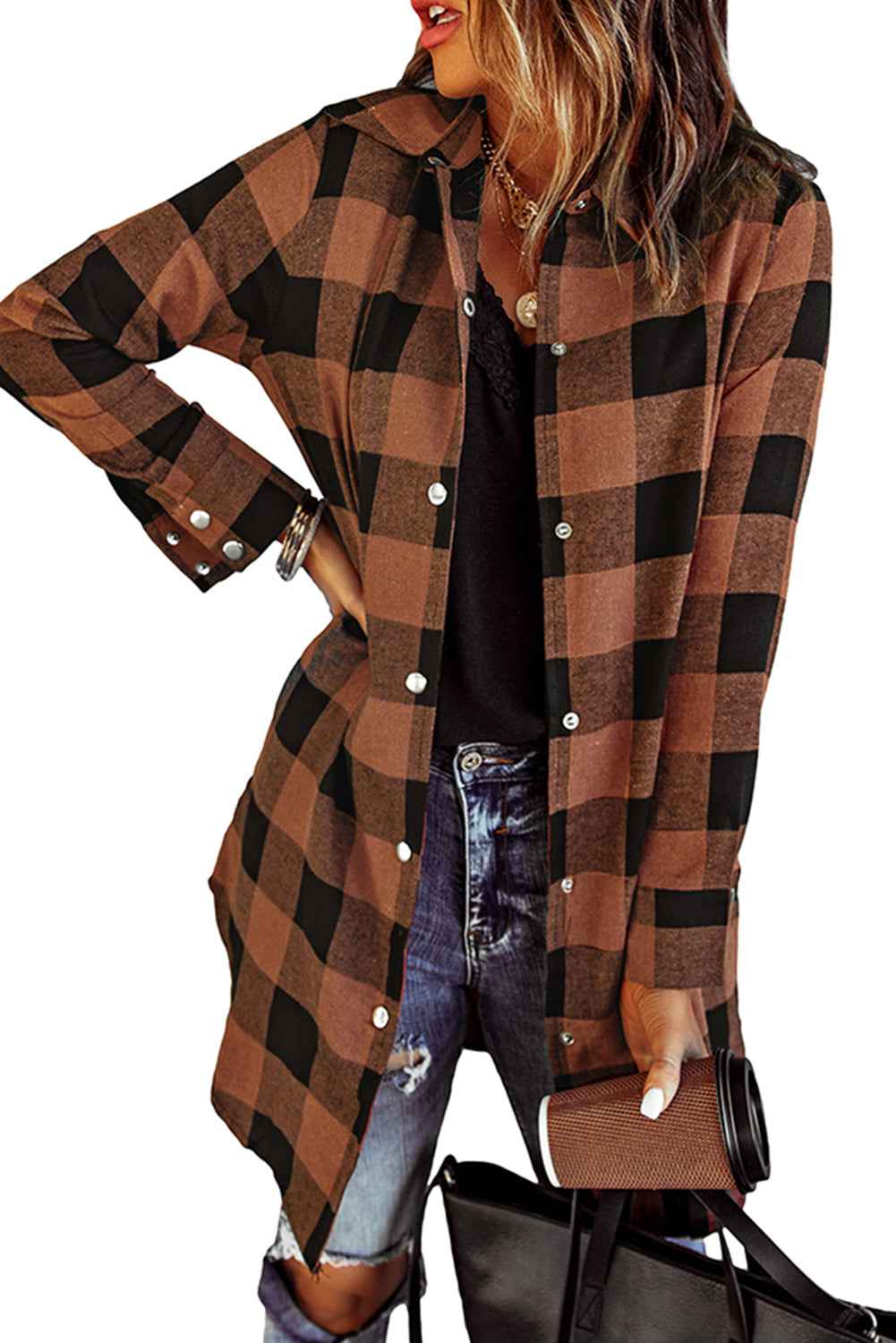 Brown & Black Plaid Collared Botton Down Long Shirt Shacket Brown 95%Polyester+5%Elastane f6333d75bc5244bb