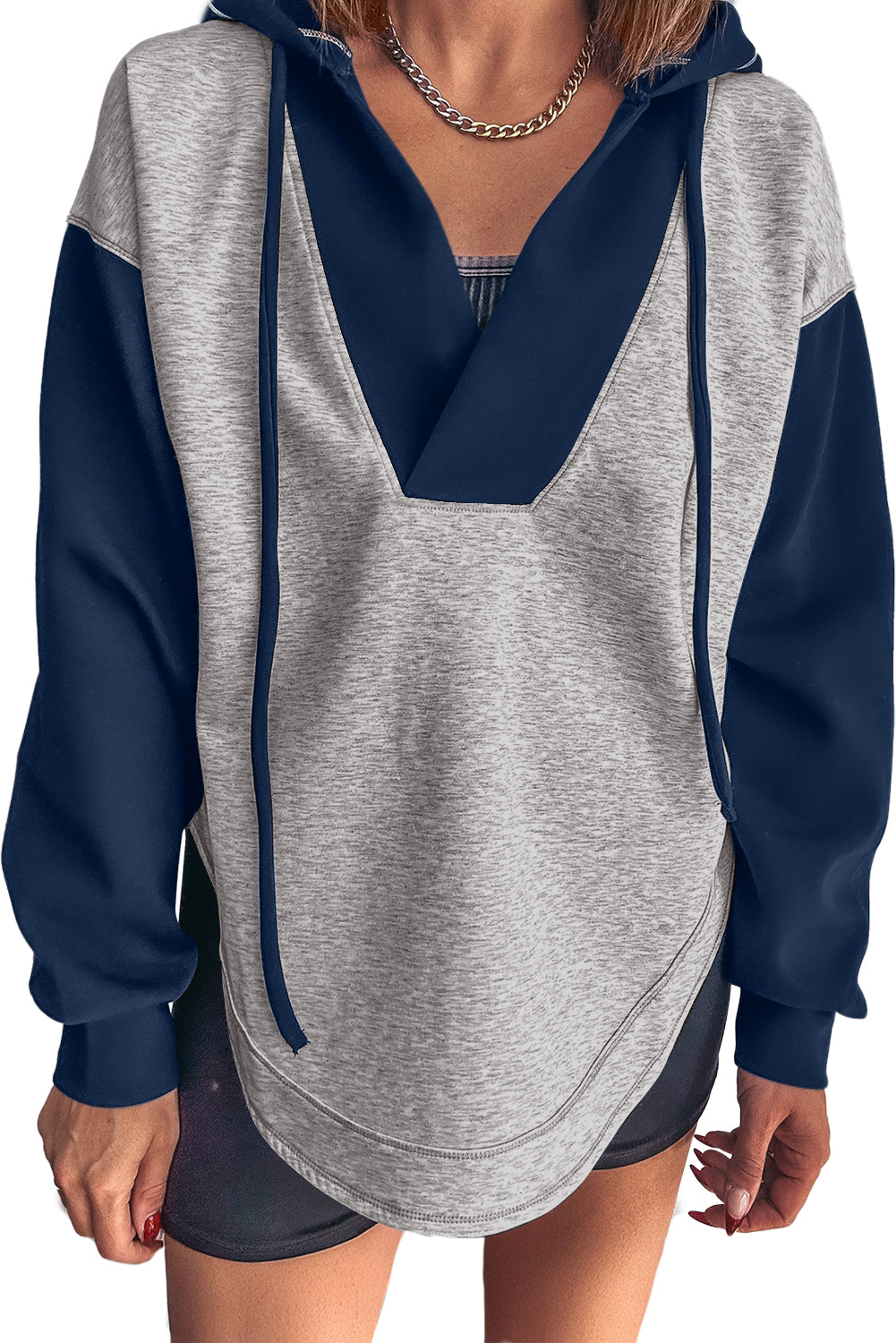 Light Grey Colorblock Patchwork V Neck Drawstring Hoodie Light Grey 50%Polyester+45%Viscose+5%Elastane f63ca33b601a1793