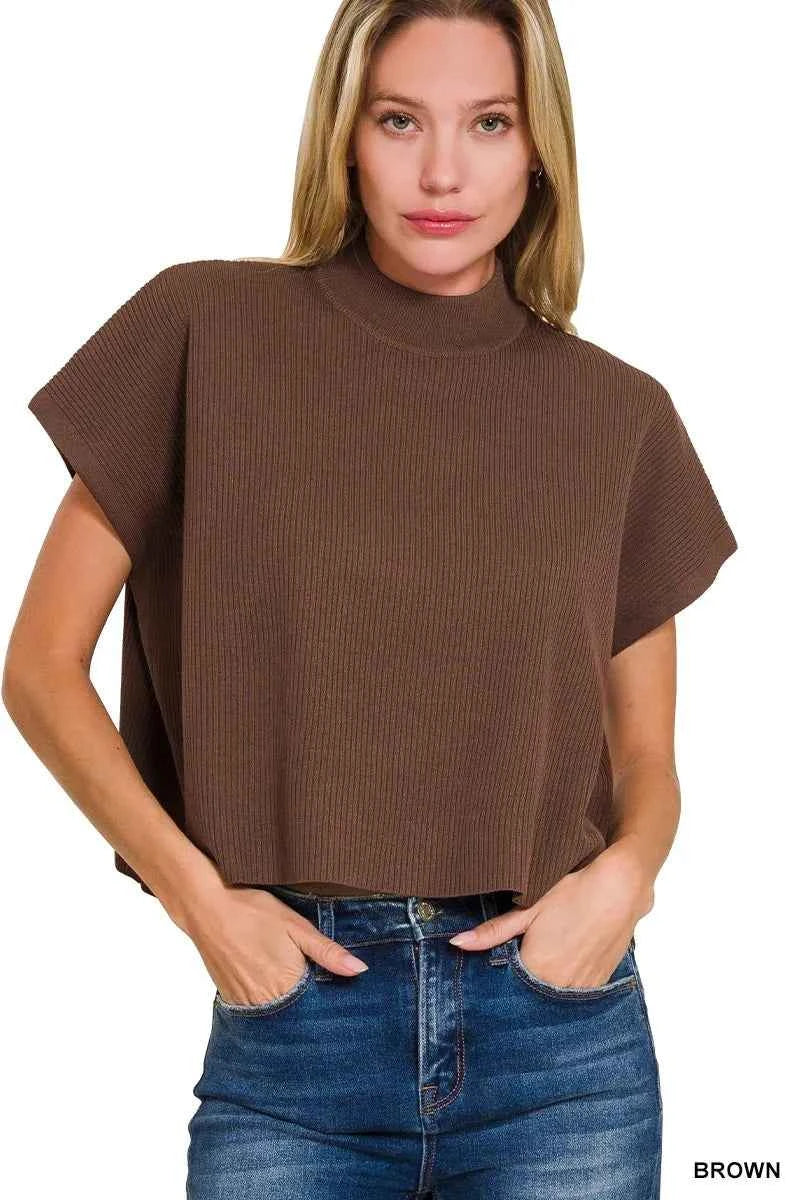 Zenana Viscose Mock Neck Short Sleeve Boxy Sweater BROWN f63f716c5d0a4e13aa1b052e9f13e6e1-Max-Origin