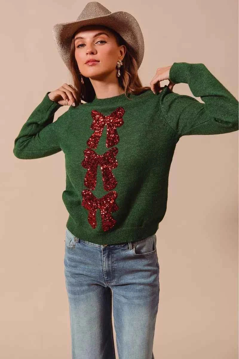 SO ME Sequins Bow Ribbon Embellished Christmas Sweater HUNTER RED f646d7d58300404595ea213c992f1ae4-Max-Origin