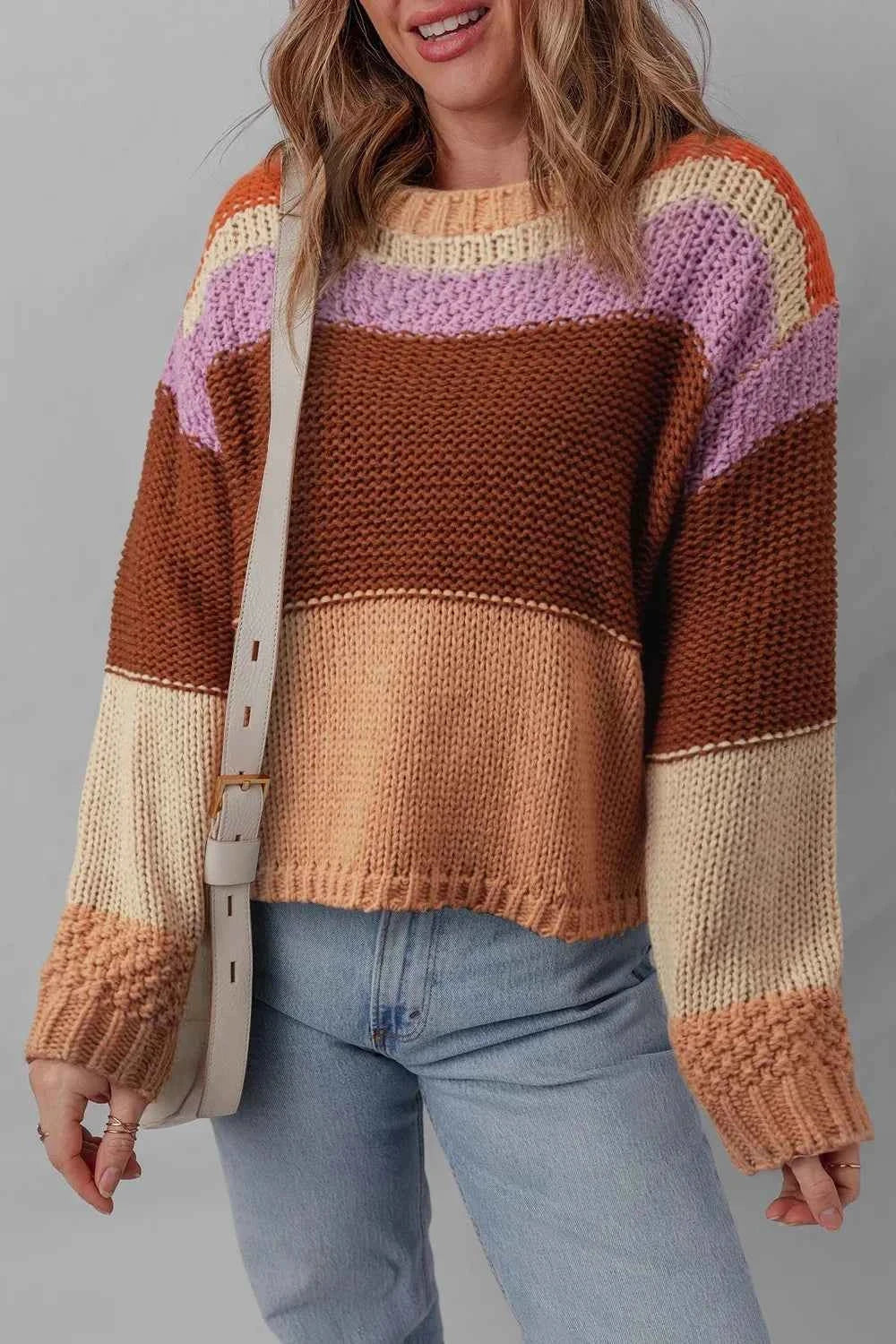 Colorblock Striped Round Neck Sweater Multicolor f6570bc9-bfe5-4e43-bb59-52cd6efead15-Max-Origin