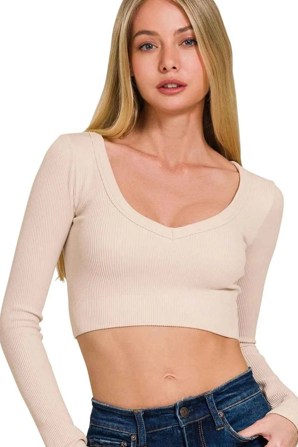 Zenana Seamless Fitted Rib V-neck Long Sleeve Crop Top f65f8e9d-c5ed-4386-b9a9-a463ae574954-Max-Origin