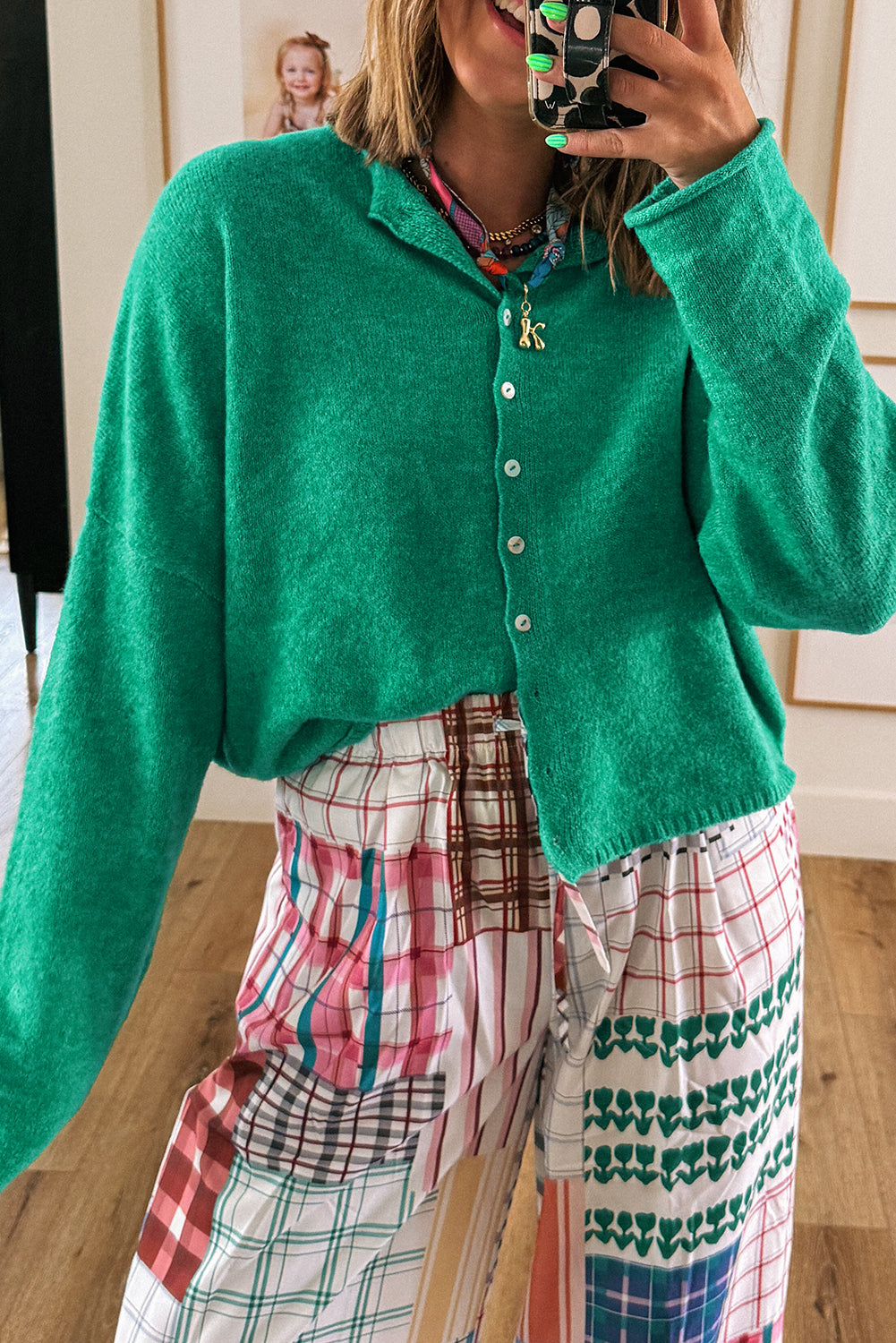 Bright Green Solid Color Button Drop Shoulder Knit Cardigan Bright Green 52%Viscose+26%Polyester+22%Polyamide f661cb3005bd793f