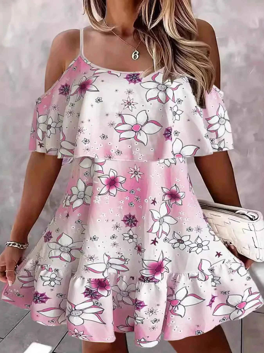 Floral Cold Shoulder Ruffle Mini Dress Pink f66a55076bfd4a3ebb092d859a6afdc3-Max-Origin