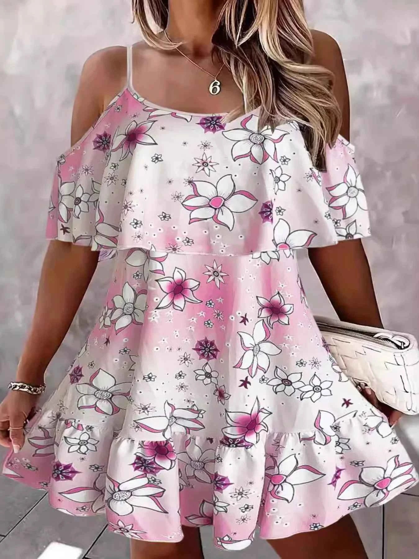 Floral Cold Shoulder Ruffle Mini Dress Pink f66a55076bfd4a3ebb092d859a6afdc3-Max-Origin