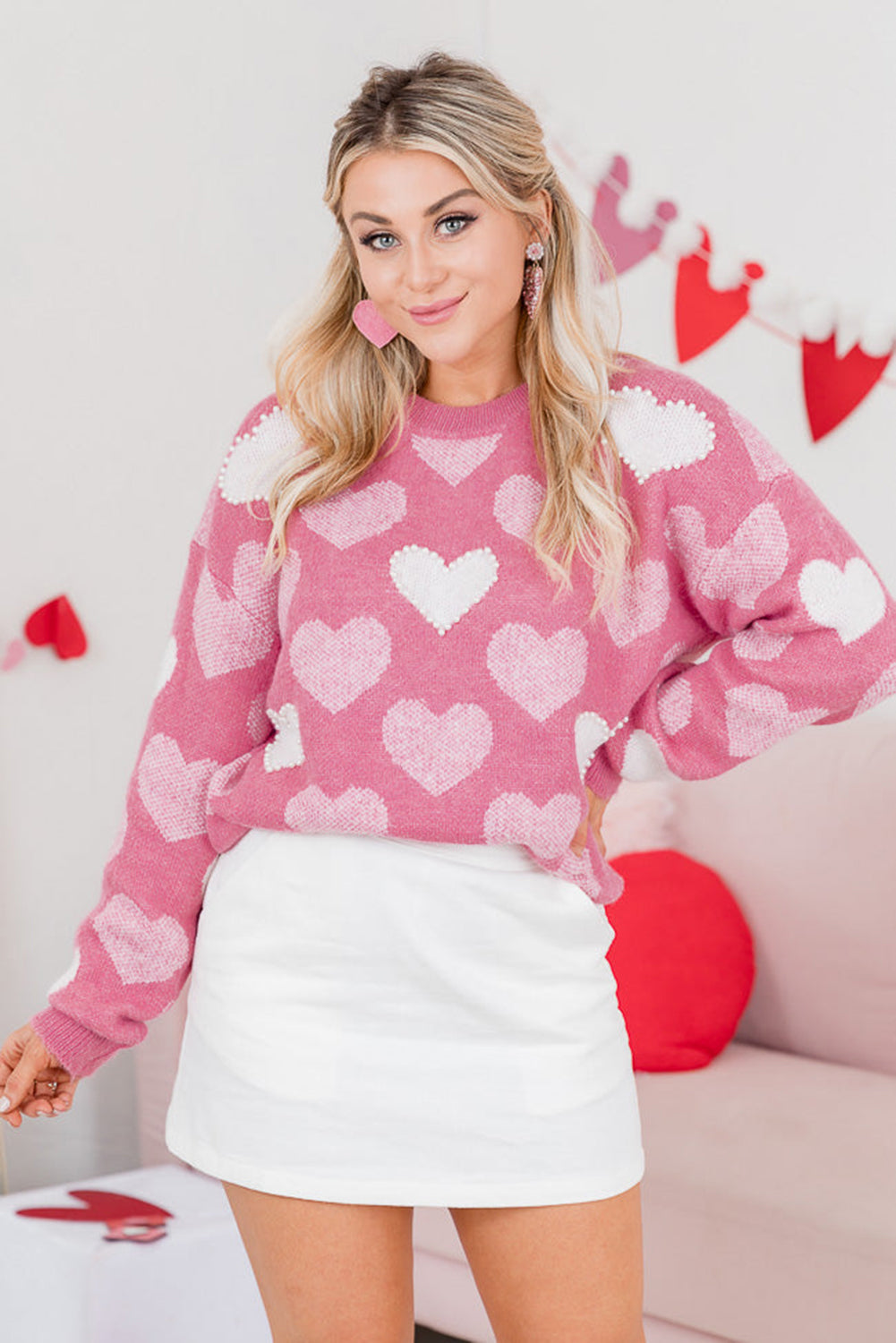 Pink Pearl Heart Print Valentines Crew Neck Sweater f67922e29f8de1b9