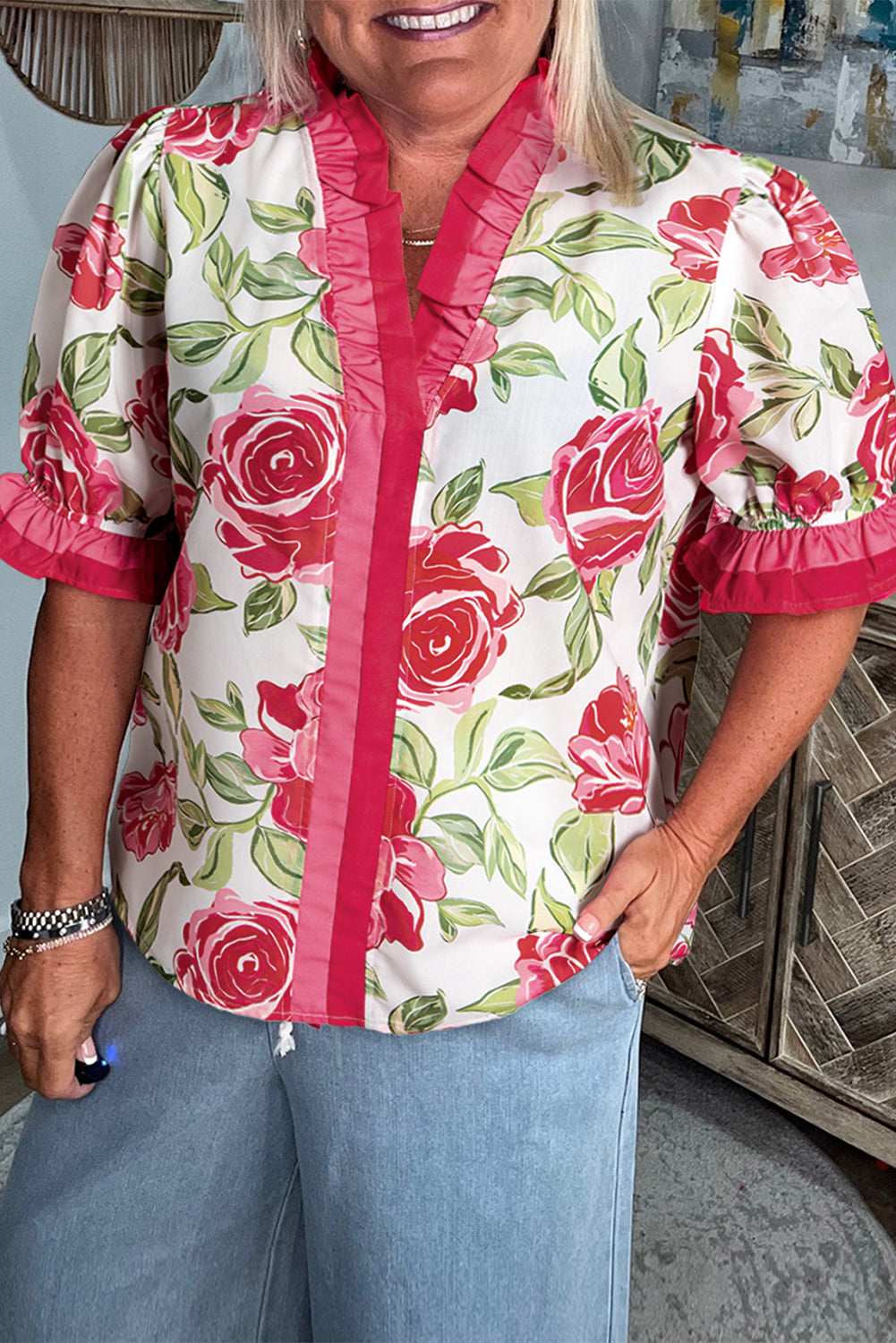Rose Plus Size Floral Print Frill Neck Short Sleeve Blouse Rose f687f02633f233ab-_1