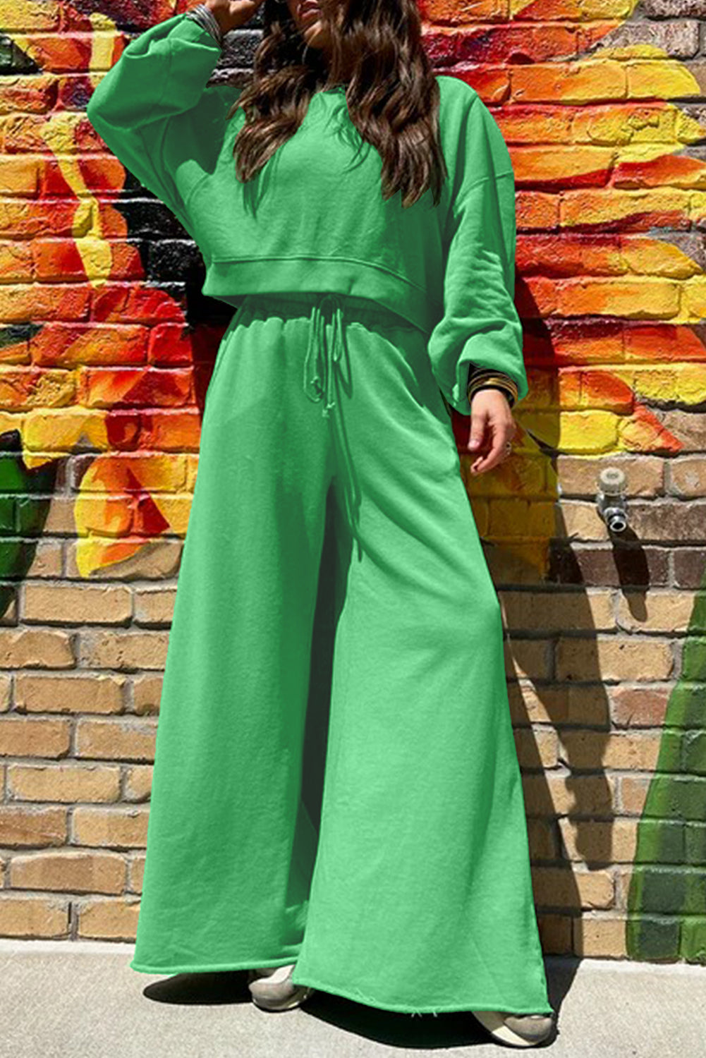 Bright Green Drop Shoulder Crop Pullover Drawstring Wide Leg Pants Set Bright Green 65%Polyester+35%Cotton f68c577ddef52579