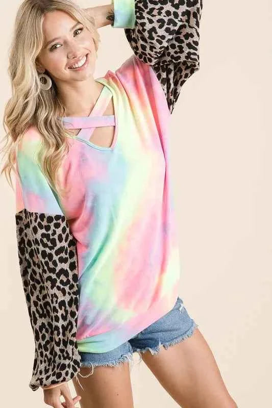 BiBi Tie Dye Terry Top with Leopard Puff Sleeves f6980a0db9914ebeb963ccbc81c31b10-Max-Origin