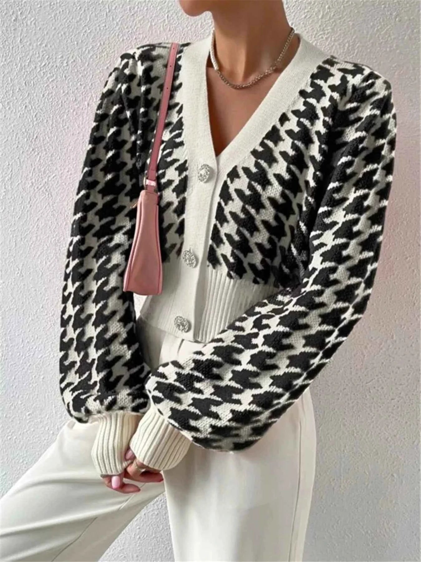 Houndstooth V-Neck Button Up Cardigan Black f698cb332d714a32a697fe1afc6155f2-Max-Origin