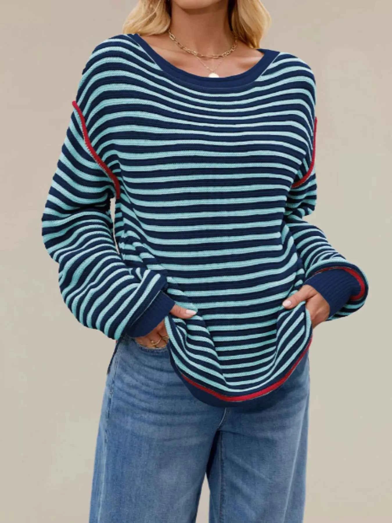 Slit Striped Oversized Sweater f6995169-dc00-4bef-bb02-0ed49c0adf18-Max-Origin