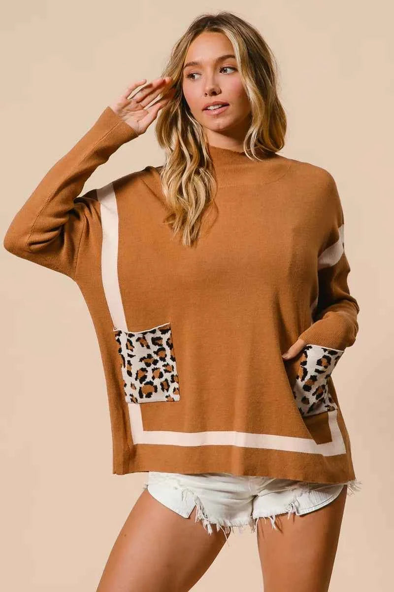 BiBi Mock Neck Sweater with Leopard Pocket f69e2a91bada483ebe6466265fced98d-Max-Origin