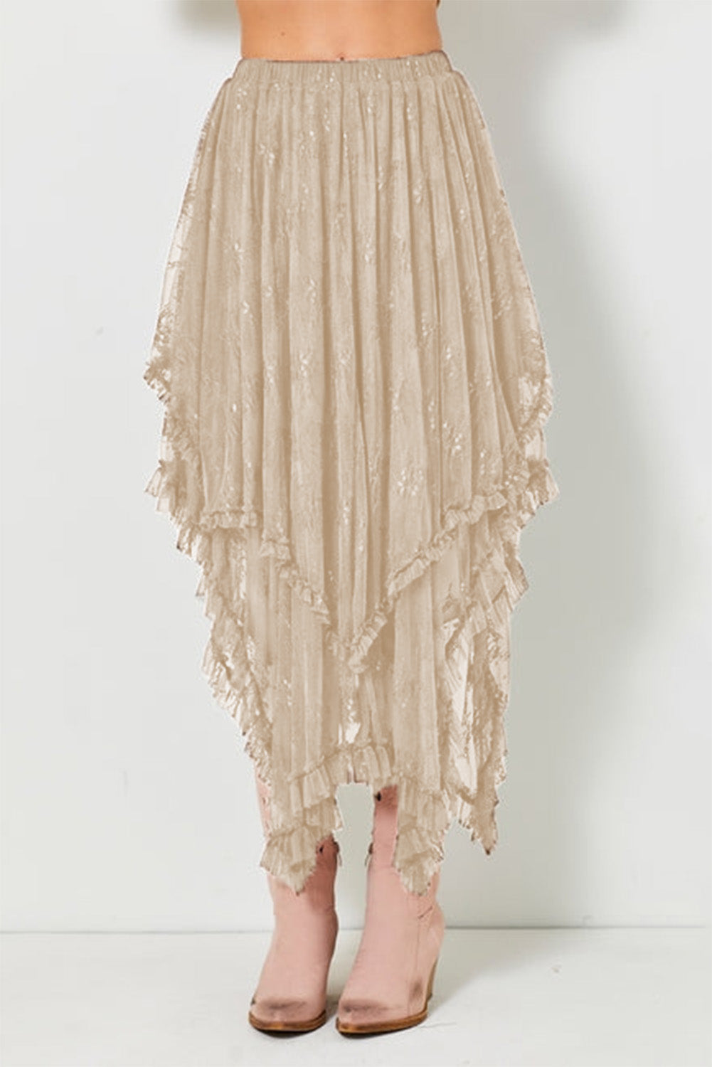 Apricot Lace Cascading Tiered High Waist Maxi Skirt f6bc323ca51804b9