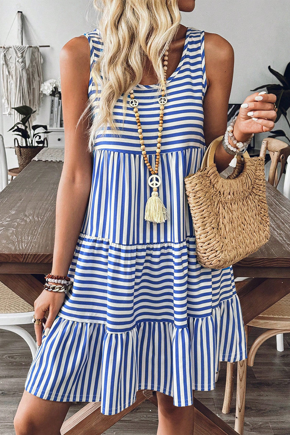 Black Stripe U Neck Sleeveless Loose Fit Mini Dress Sky Blue Stripe f6cc92d8fda5904c