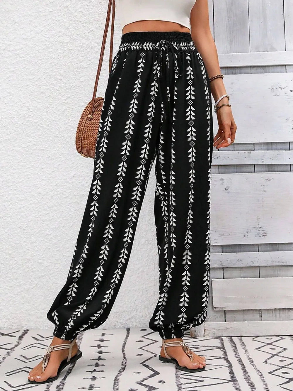 Tied Printed High Waist Pants Black f6d7d957-4f29-40a3-9e47-a29232676874-Max