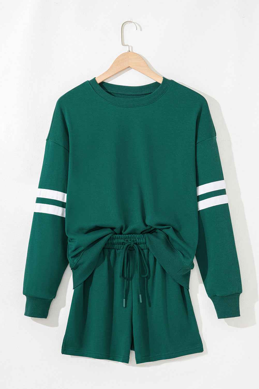 Evergreen Varsity Striped Sleeve Drop Shoulder Sweatshirt and Shorts Set f70d1a13c99c2523