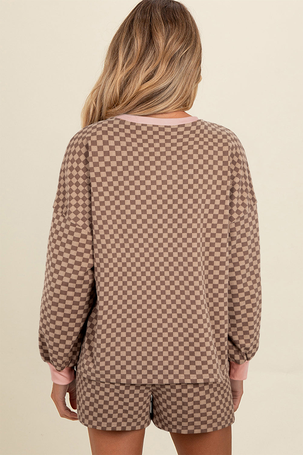 Brown Checkerboard Contrast Trim Long Sleeve Pullover and Shorts Set f70e62a09fed6751