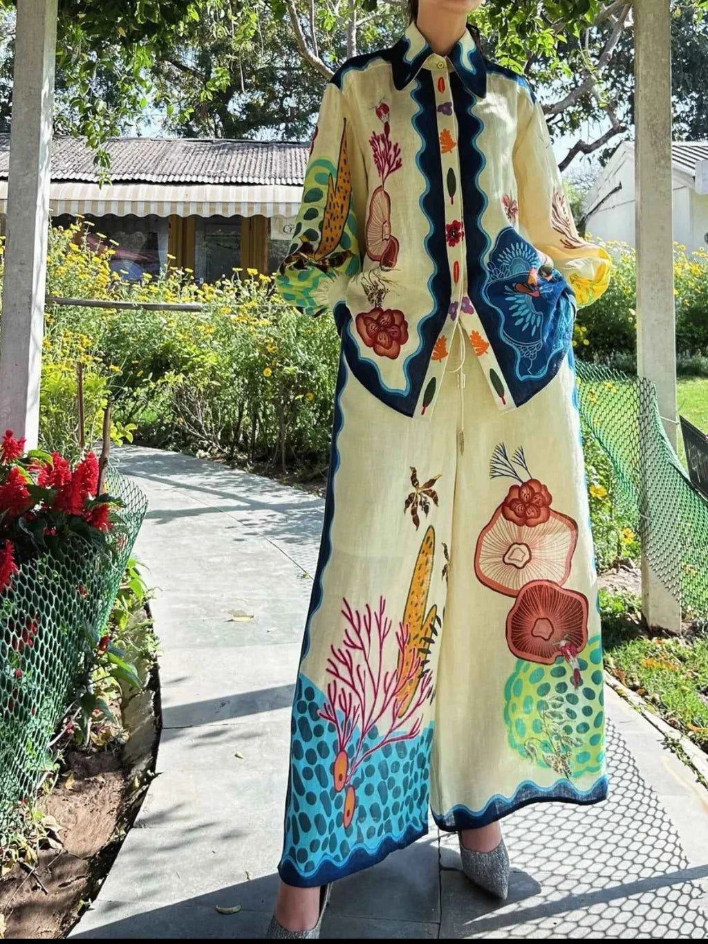 Printed Collared Neck Shirt and Wide Leg Pants Set Beige f717d3d2-9013-4fa0-a8dd-3950e9da4cd9-Max-Origin