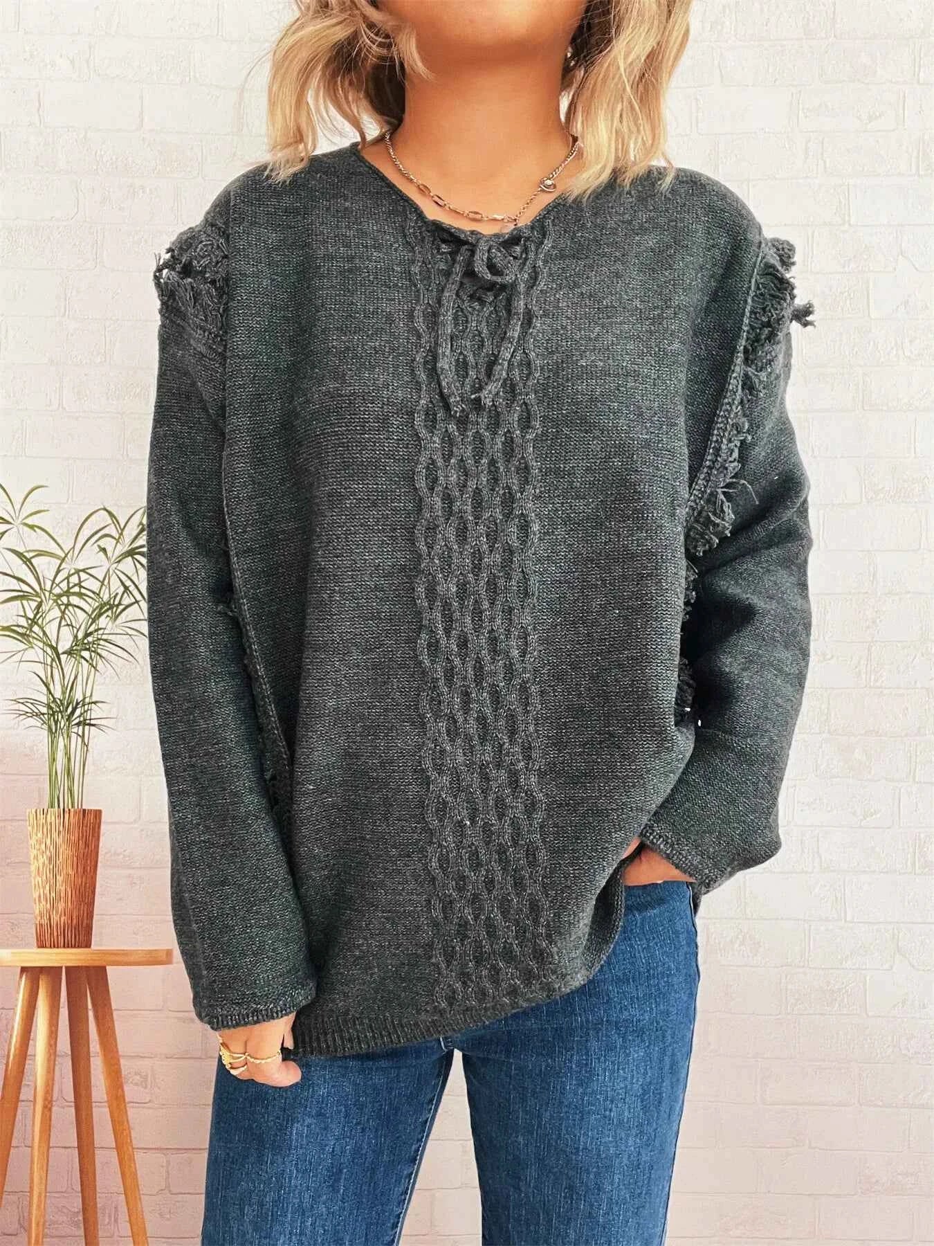 Raw Hem Lace Up Front Sweater f720151e58104fc29eaea480b660c286-Max-Origin